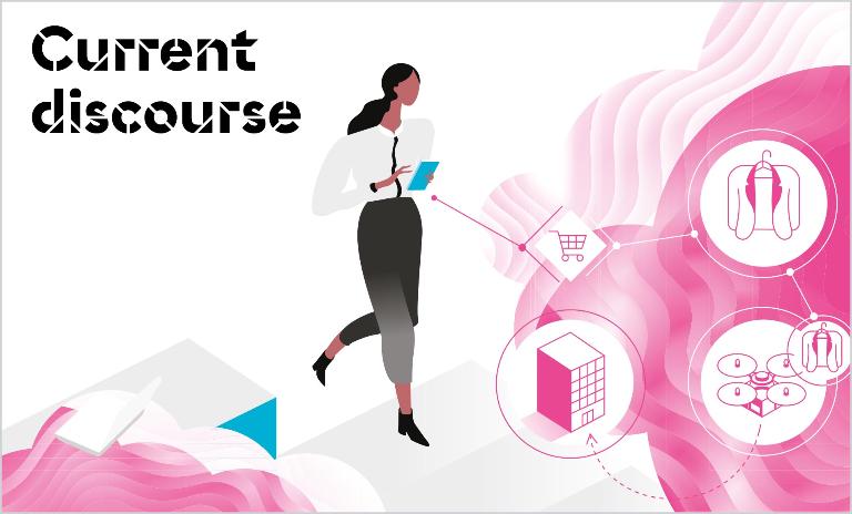 Suiting her needs: Amanda walks to work and tasks her AI assistant to order her a suit, which is later delivered to the office by a driverless drone.